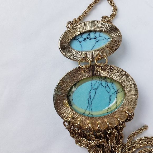 Faux Turquoise Pendant Rope Chain Fringe Long Statement Necklace Boho Vintage - Picture 8 of 9